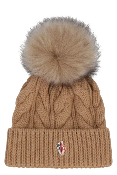 Moncler Cable-knit Wool-cashmere Beanie With Shearling Pom In Brown