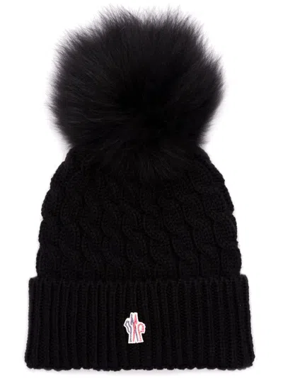 Moncler Black Pom Pom Textured Beanie Hat In Brown