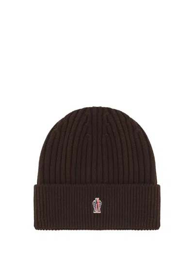 Moncler Logo Virgin Wool Beanie In Brown