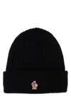 Moncler Grenoble Black Ribbed Beanie With Logo Patch In Wool Man In Black