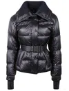Moncler Puffer Jacket With Belted Waist And High Collar In Blue