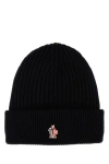 Moncler Grenoble Black Ribbed Beanie With Logo Patch In Wool Man In Black