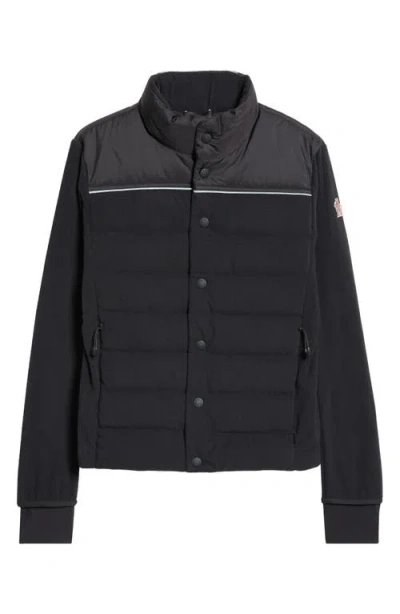 Moncler Grenoble Mixed Media Quilt Front Zip Cardigan In Black
