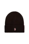 Moncler L Beanie Hat With Logo Patch In Brown