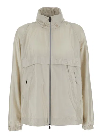 Moncler Grenoble 'negara' Beige Jacket With Logo Print On The Front And Removable Hood In Tech Fabri In Cream