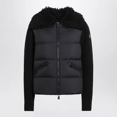 Moncler Padded Wool Cardigan Shearling Collar In Black