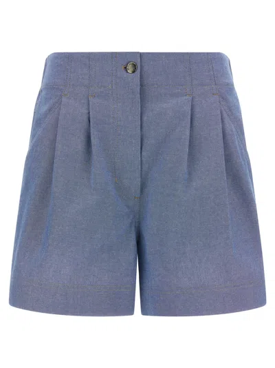 Moncler Grenoble Pleated Chambray Bermuda Shorts In Blue