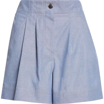 Moncler Grenoble Pleated Cotton Chambray Shorts In Blue