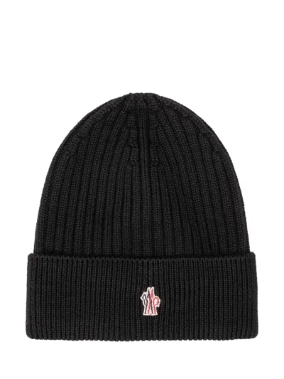 Moncler Grenoble Ribbed Knit Beanie With Central Logo Patch In Black