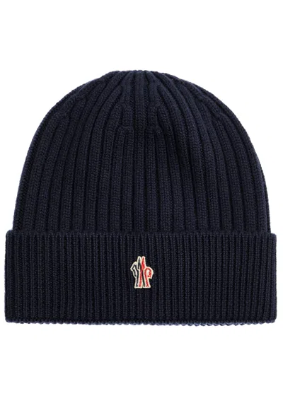 Moncler Grenoble Ribbed Logo Wool Beanie In Blue