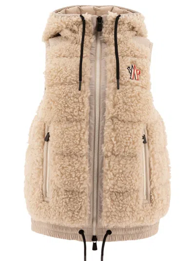 Moncler Grenoble Shearling Down Vest In Beige