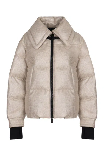 Moncler Grenoble Short Down Jacket In A Mixed Wool Metallic Fabric Sandane In Neutral