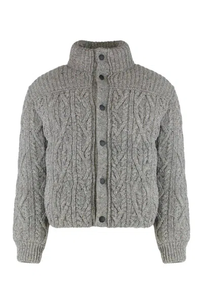 Moncler Grenoble Short Ellesmere Down Jacket In Wool Tweed In Gray