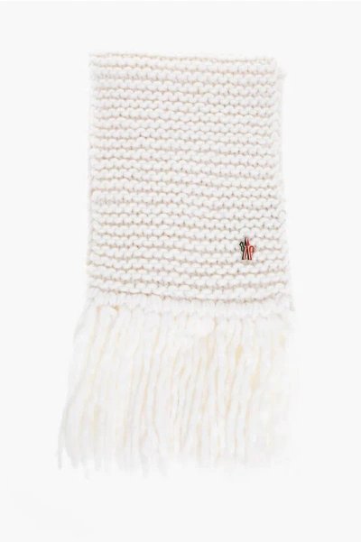 Moncler Grenoble Solid Color Wool Blend Scarf With Fringes