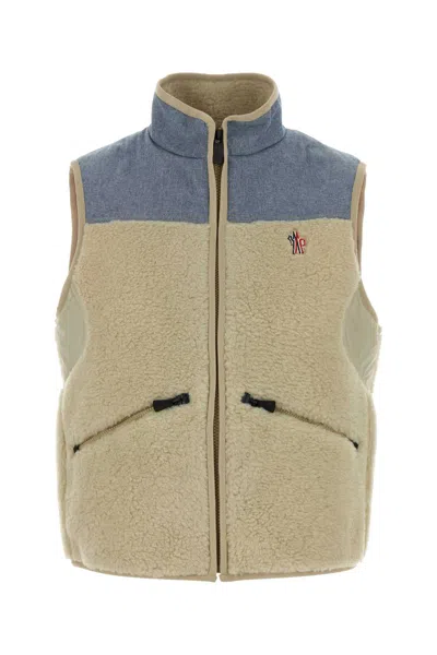 Moncler Beige Color Block Mock Collar Jacket In Neutral