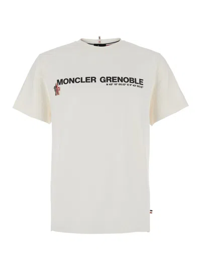 Moncler Grenoble White Crewneck T-shirt With Logo Lettering On The Front In Cotton Stretch Man In Multicolor