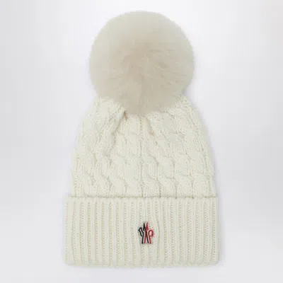 MONCLER MONCLER GRENOBLE  WHITE WOOL HAT WITH POM POM