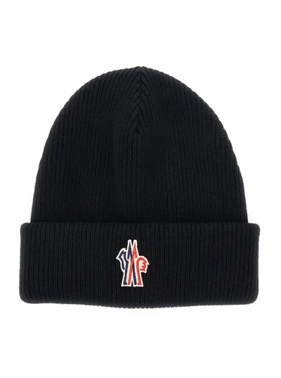 Moncler Grenoble Wool Beanie With Logo Patch On Front And Rear In Black