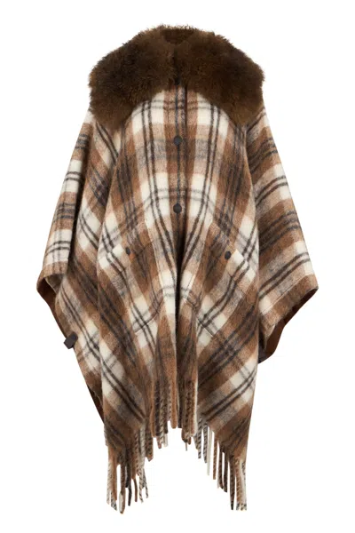 Moncler Grenoble Wool Blend Cape With Shearling-style Collar In Brown