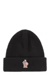 Moncler Grenoble Black Ribbed Beanie With Logo Patch In Wool Man In Black