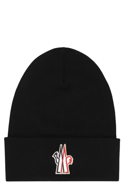 Moncler Grenoble Wool Cap With Cuff And Embroidered Logo In Black