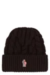 Moncler Cozy Cable Knit Wool Hat With Brim In Brown
