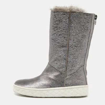 Pre-owned Moncler Grey Foil Leather And Fur Mid Calf Boots Size 39