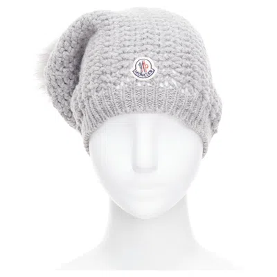 Pre-owned Moncler Grey Fur Pom Pom Cream Logo Heavy Knit Beanie Hat In White
