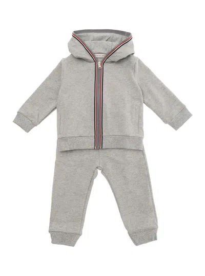 Moncler Kids' Grey Hoodie + Pants Ensembre With Logo Patch In Cotton Baby