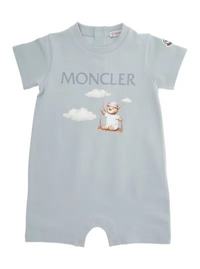 Moncler Grey Romper With Logo Patch On The Sleeve And Front Print In Cotton Baby In Gray