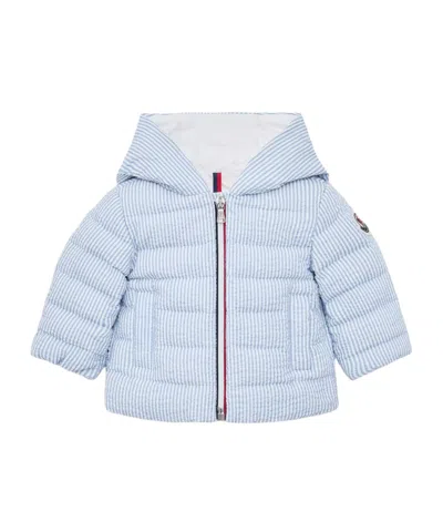 Moncler Haluk Seersucker Hooded Down Jacket In Blue