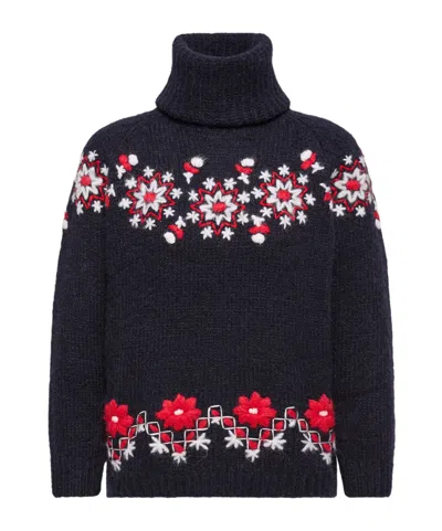 Moncler Hand-embroidered Alpaca  Wool Turtleneck Sweater In Blue