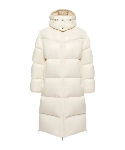 Moncler Harfang Hooded Long Down Coat In Ivory White