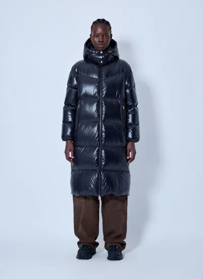 Moncler Harfang Hooded Long Down Coat In Blue