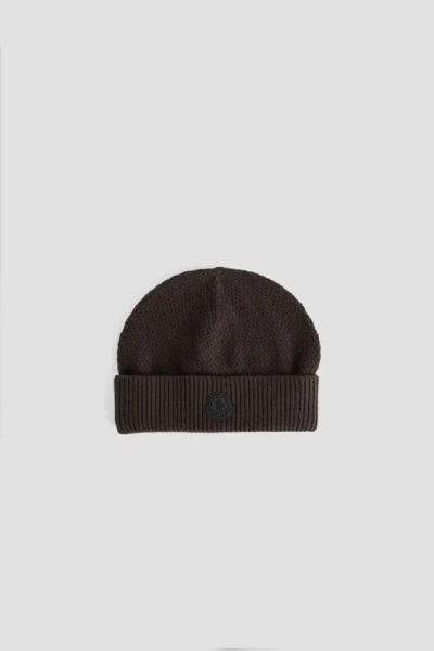 Moncler Logo Carded Wool Beanie In Dark Brown