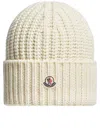 Moncler Ribbed Knit Beanie With Logo Detail In Neutral