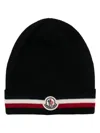 Moncler Tricolor Stripe Ribbed Wool Beanie In Black