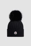 Moncler Ribbed Wool Beanie With Faux Fur Pom