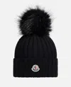Moncler Ribbed Knit Wool Beanie With Faux Fur Pom-pom In Black