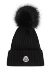 Moncler Ribbed Knit Wool Beanie With Faux Fur Pom-pom In Black