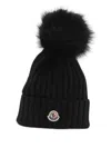 Moncler Wool Cap With Synthetic Pompom In Black