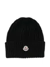 Moncler Logo Patch Cuff Virgin Wool Rib Beanie In Black