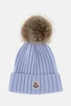 Moncler Ribbed Knit Hat With Fluffy Pom-pom In Blue