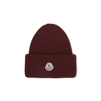 Moncler Burgundy Logo Beanie Hat In Brown