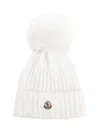 Moncler Logo Extrafine Wool Pom Pom Beanie In White