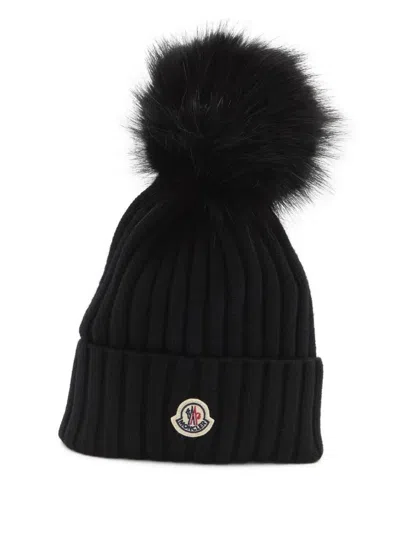 Moncler Hat Knit Wool "pon Pom" In Black