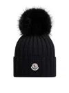 Moncler Ribbed Knit Wool Beanie With Faux Fur Pom-pom In Negro