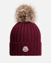 Moncler Maroon Logo Ribbed Texture Beanie Hat In Red