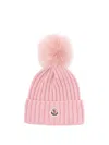 Moncler Virgin Wool Rib Beanie With Faux Fur Pompom In Pink