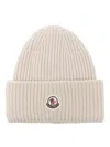 Moncler Logo Patch Ribbed Beanie In Nude & Neutrals
